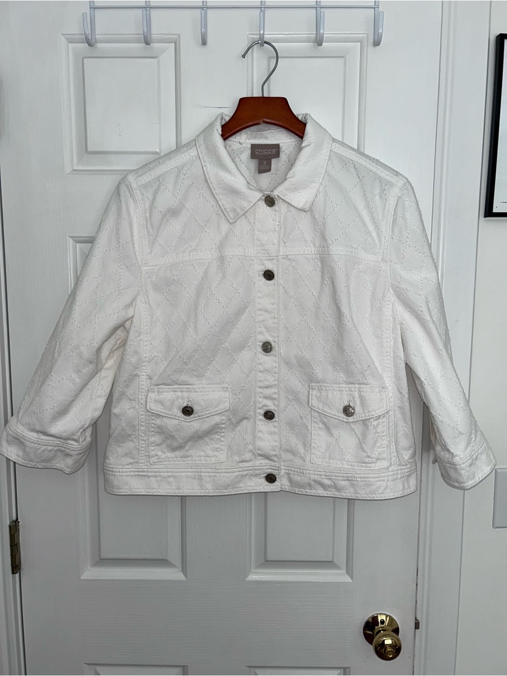 Chico's White Quilted Eyelet Button Jacket